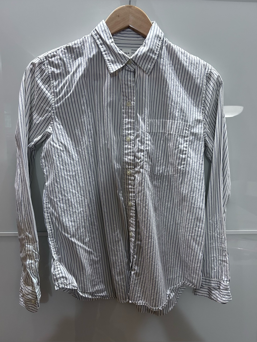 GAP Woman’s Classic White Shirt with Navy Pinstripes